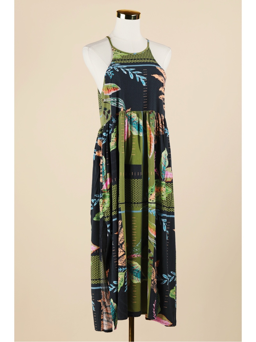 Sz S Zinzane Leafy Tropical Geometric Sleeveless Halter Resort Maxi Dress EUC